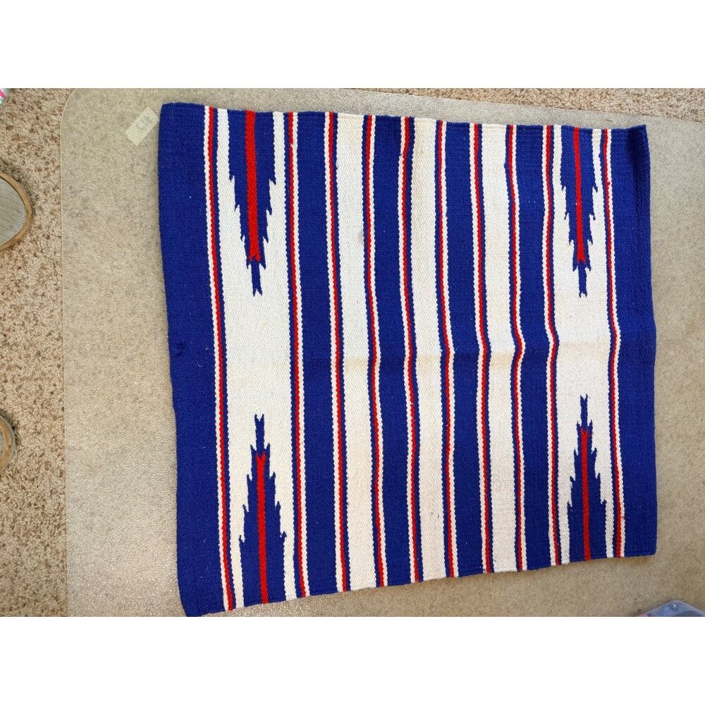 Mayatex Hand Woven Saddle Blanket Red White Blue Southwestern 32" x 29.5" EUC